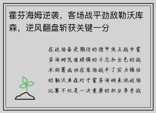 霍芬海姆逆袭，客场战平劲敌勒沃库森，逆风翻盘斩获关键一分