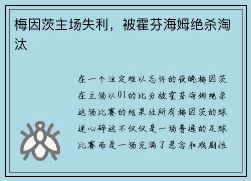 梅因茨主场失利，被霍芬海姆绝杀淘汰