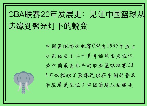 CBA联赛20年发展史：见证中国篮球从边缘到聚光灯下的蜕变