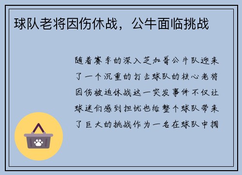 球队老将因伤休战，公牛面临挑战