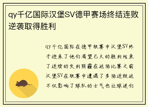 qy千亿国际汉堡SV德甲赛场终结连败逆袭取得胜利