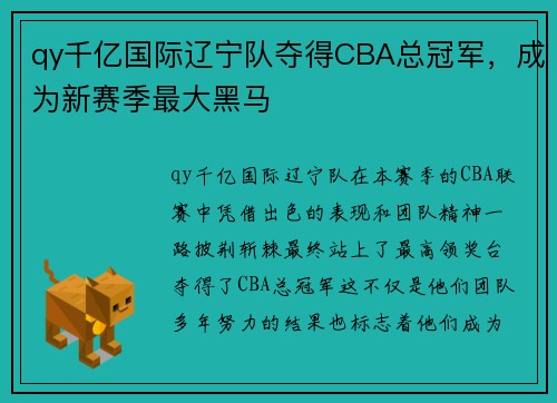 qy千亿国际辽宁队夺得CBA总冠军，成为新赛季最大黑马